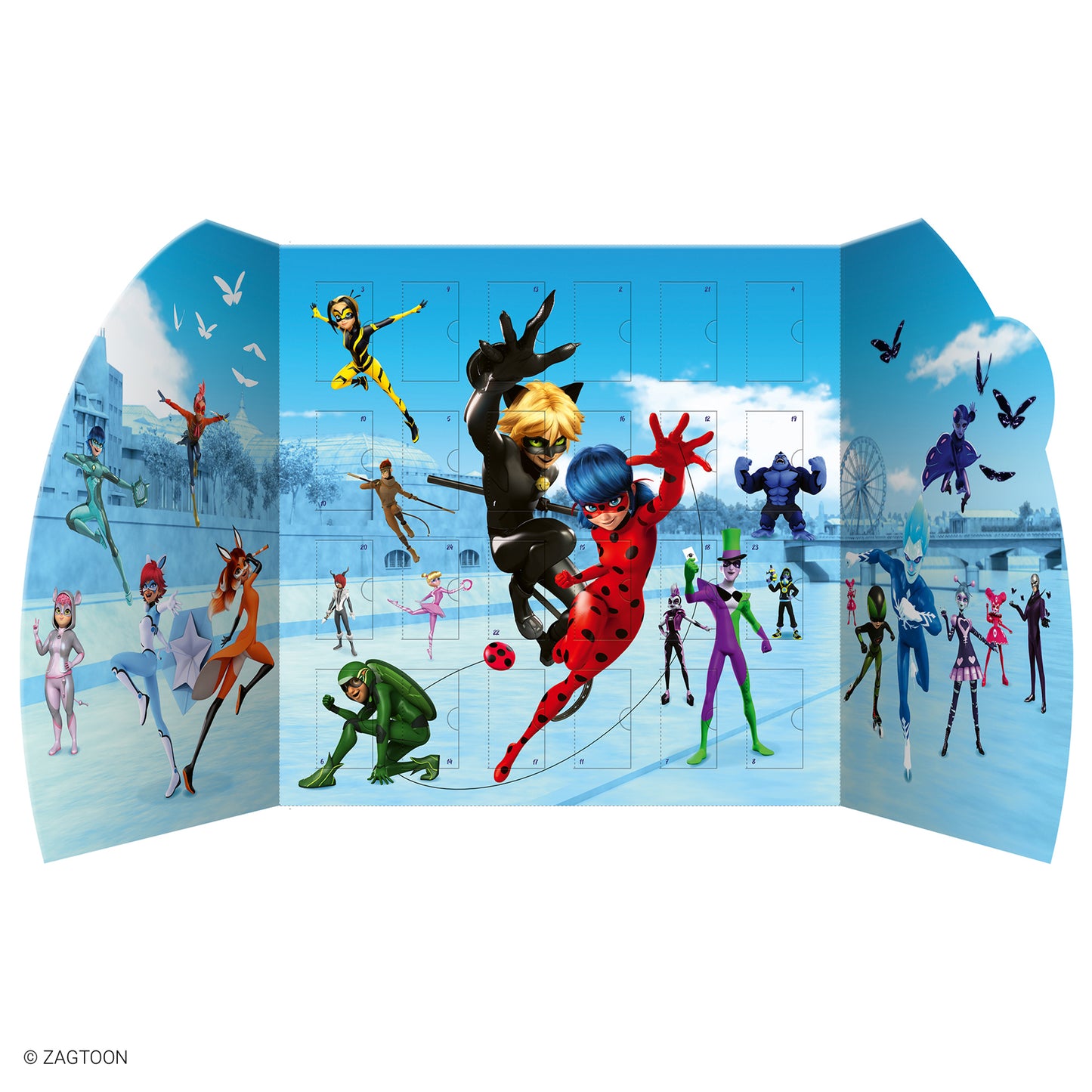 Miraculous Zag Heroez 24-door advent calendar sticker book with blue sky background