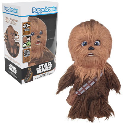 Star Wars Chewbacca Palm Puppetronic interactive puppet with brown coloring, blue eyes, and red crossbelt