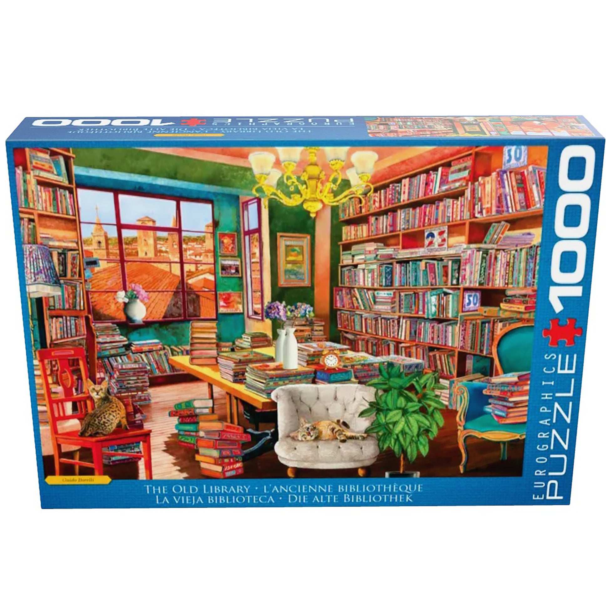 Eurographics The Old Library 1000 Piece Puzzle featuring colorful bookroom with shelves, books, and cozy reading nook