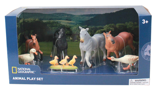 National Geographic Animal Play Set with three brown horses, one white horse, one black horse, three yellow ducks, and two white ducks displayed in packaging wi
