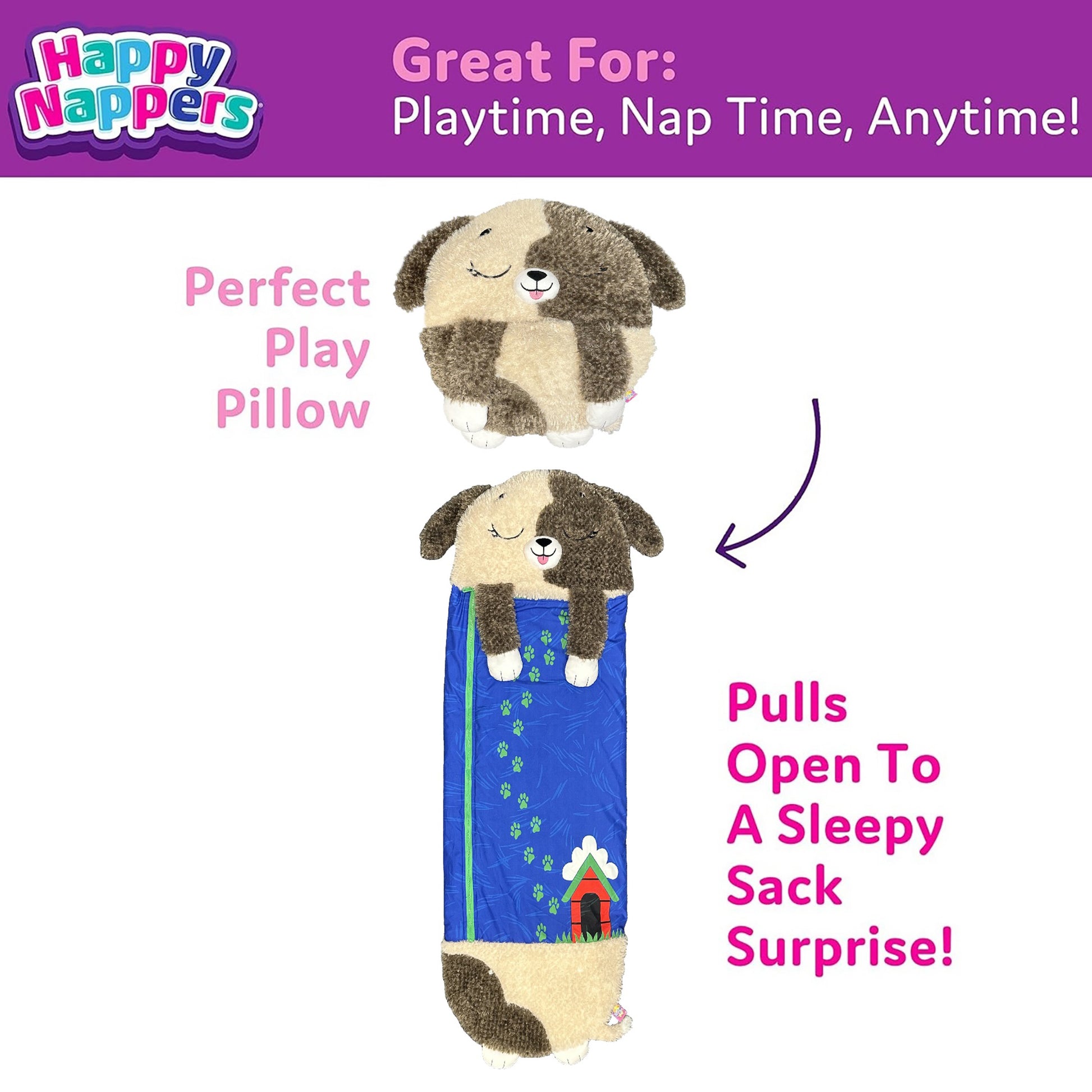Happy Nappers brown dog 2-in-1 pillow and sleepy sack plush toy for kids