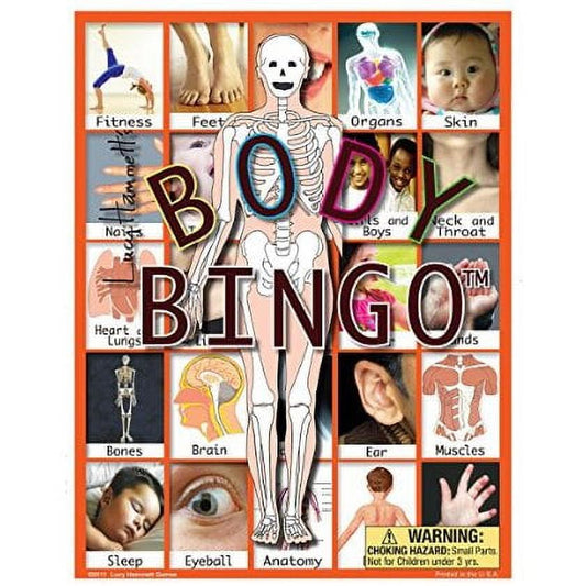 Body Bingo Anatomy Game board featuring human skeleton and labeled body parts grid including fitness, feet, organs, skin, heart, lungs, bones, brain, ear, muscl