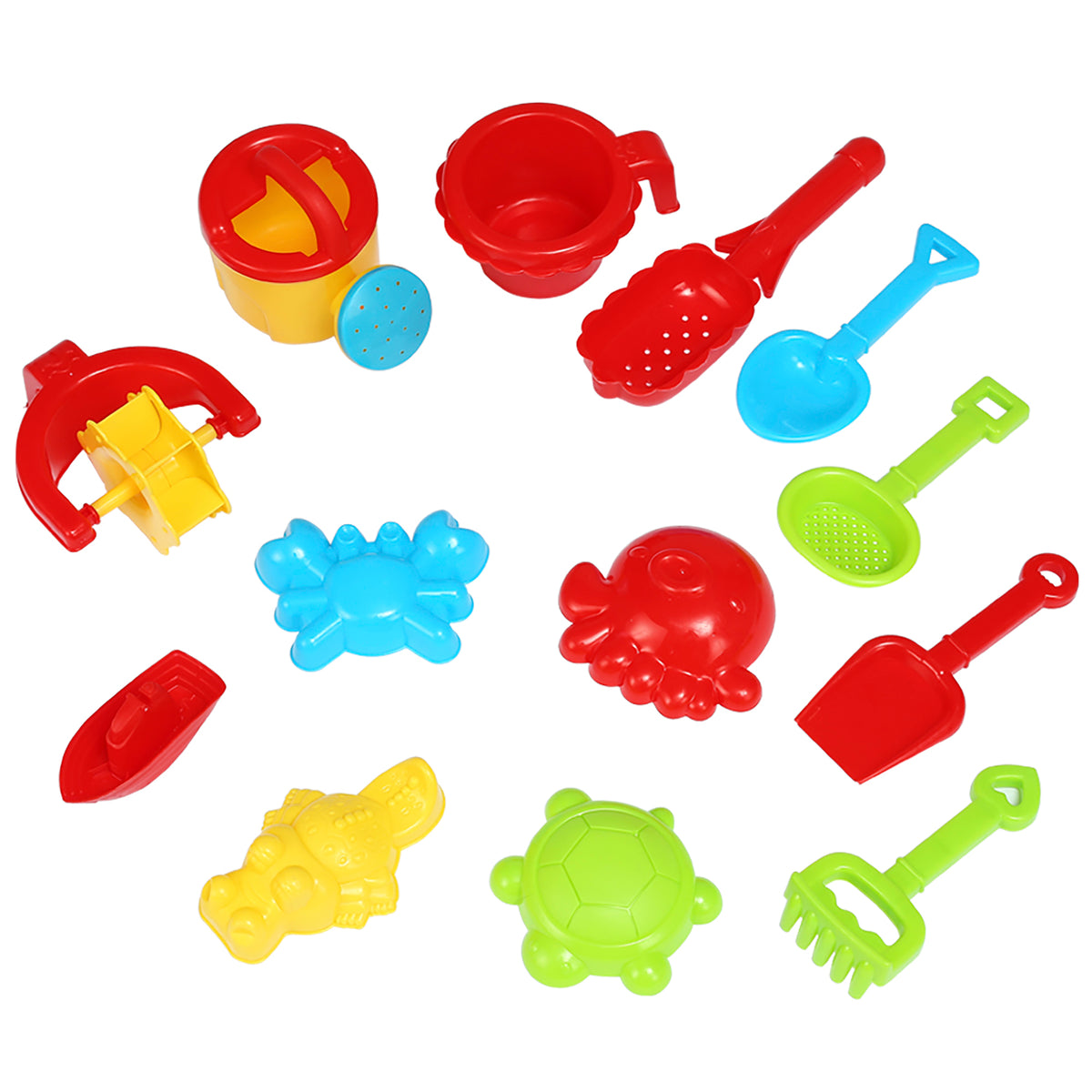 Trimate Sand & Water Table with colorful accessories including red shovels, blue watering can, green rake, and animal...