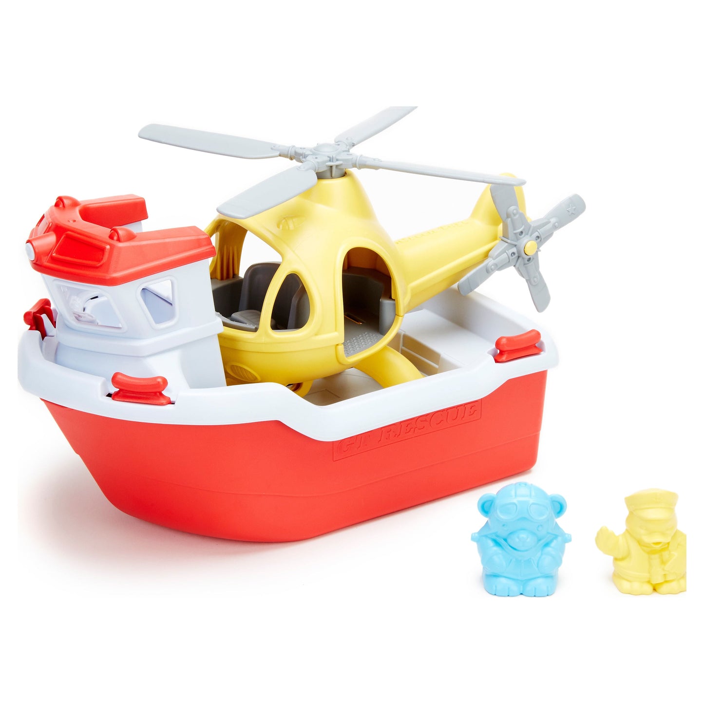 Rescue Boat with Helicopter toy set in red, white, and yellow with figurines