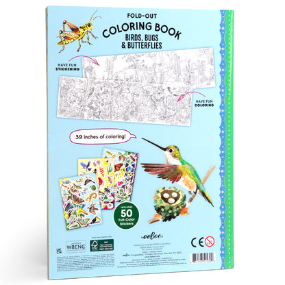 eeBoo Bugs, Birds & Butterflies Fold-Out Coloring Book with 50 Stickers, 39" Space