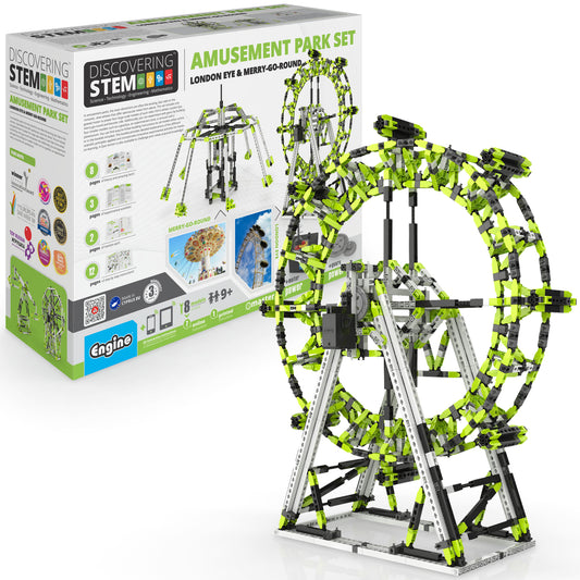 Engino STEM Amusement Park motorized building set with green and black brick pieces forming London Eye and Ferris whe...