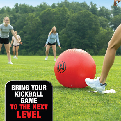 Wicked Big Sports 20 inch red kickball being kicked in outdoor game with players