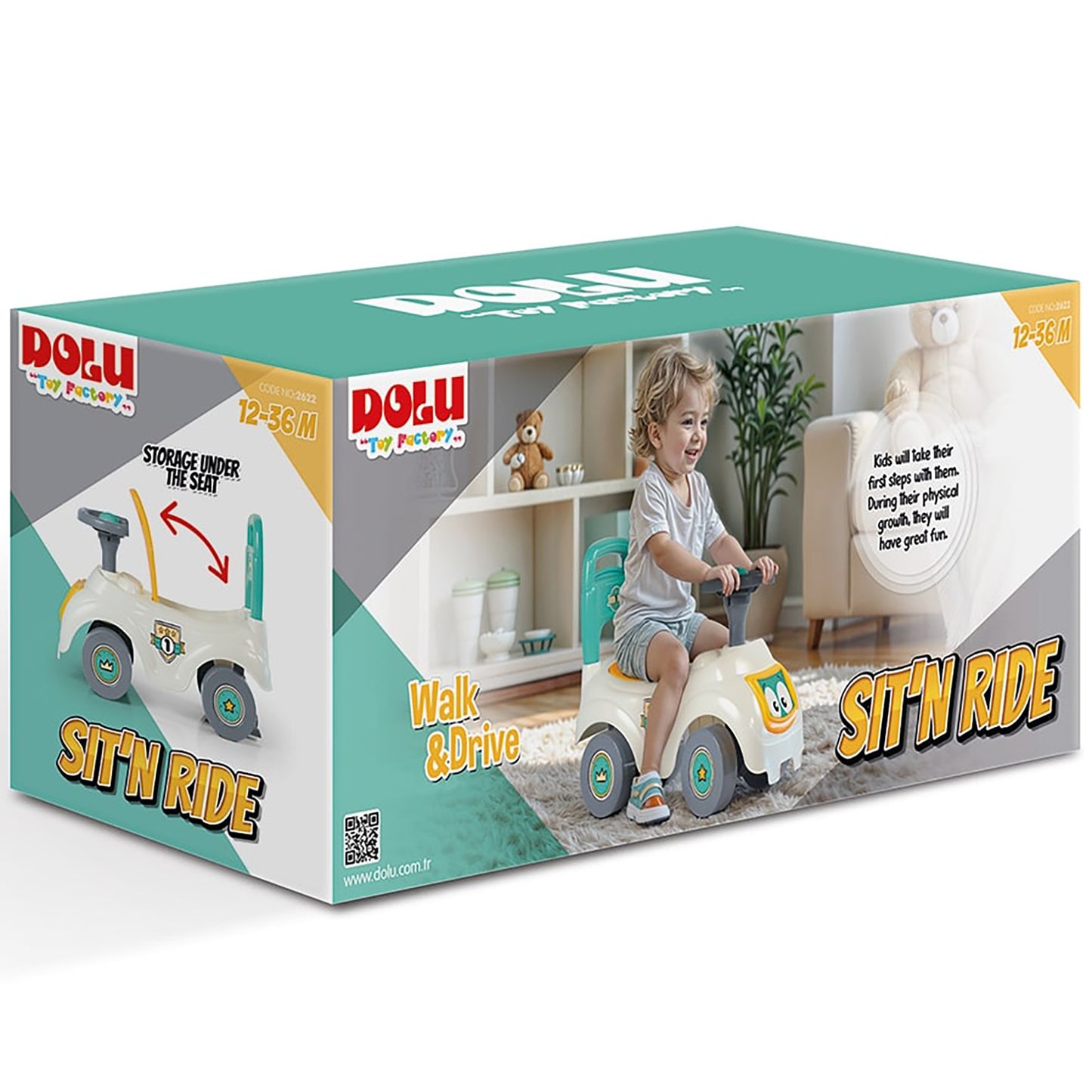 Dolu - Walk & Drive: Sit N' Ride - Vibrant Toddler Ride-on Toy, White-Yellow-Green