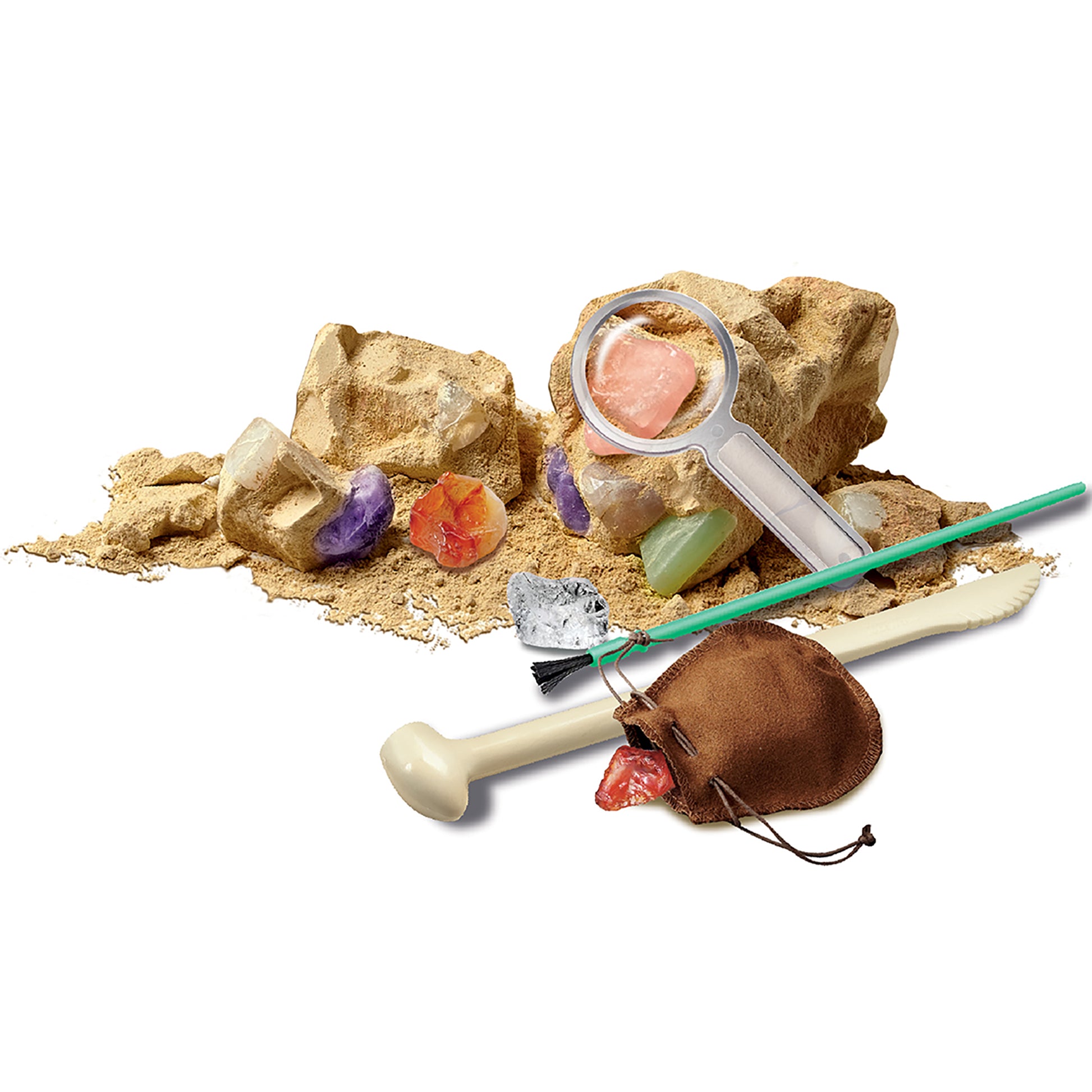 4M KidzLabs Crystal Mining Kit with plaster block, colorful gemstones, magnifying glass and excavation tools