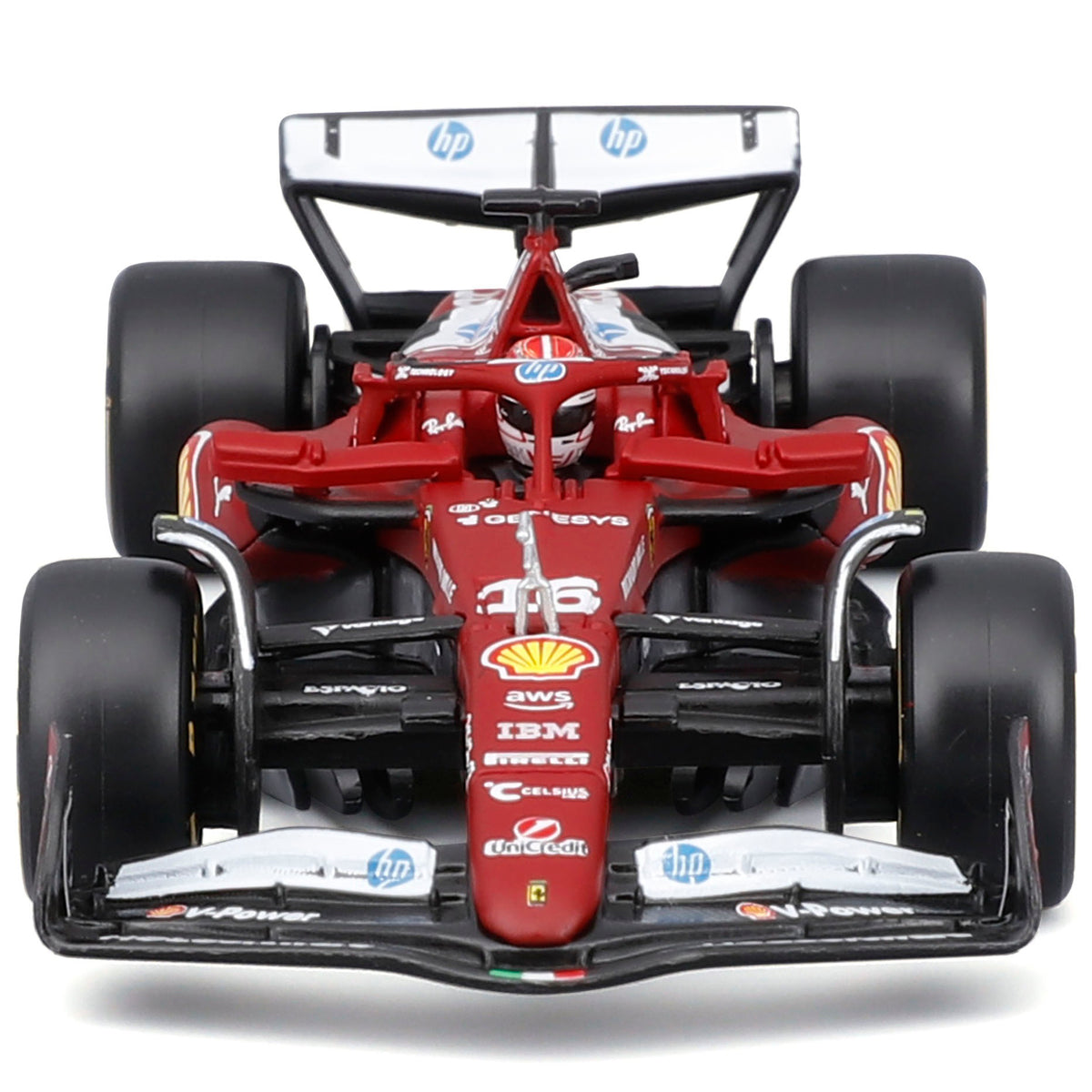Bburago 1:43 Ferrari SF-25 red Formula One race car with Leclerc helmet replica, front view