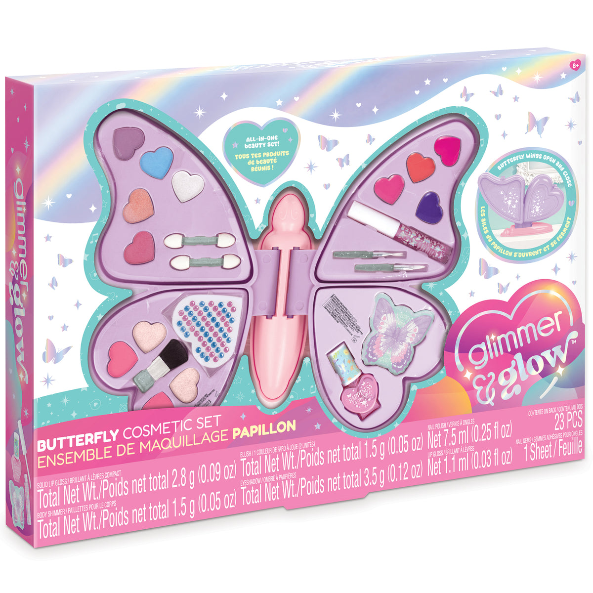 Glimmer & Glow Butterfly Cosmetic Set with purple and pink wings opening to reveal makeup items