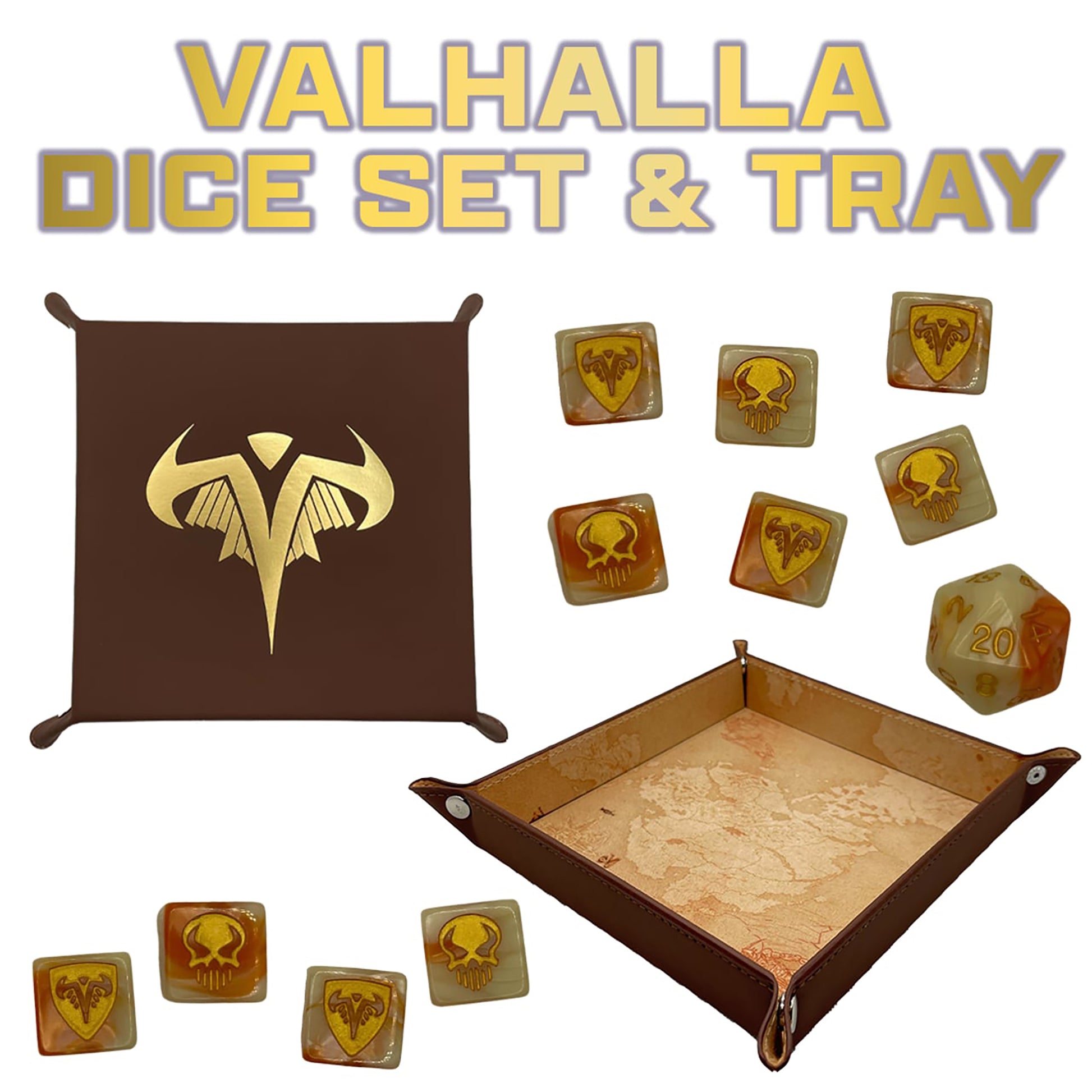Valhalla Dice Set & Tray with brown leather tray, gold Viking symbols, and amber dice