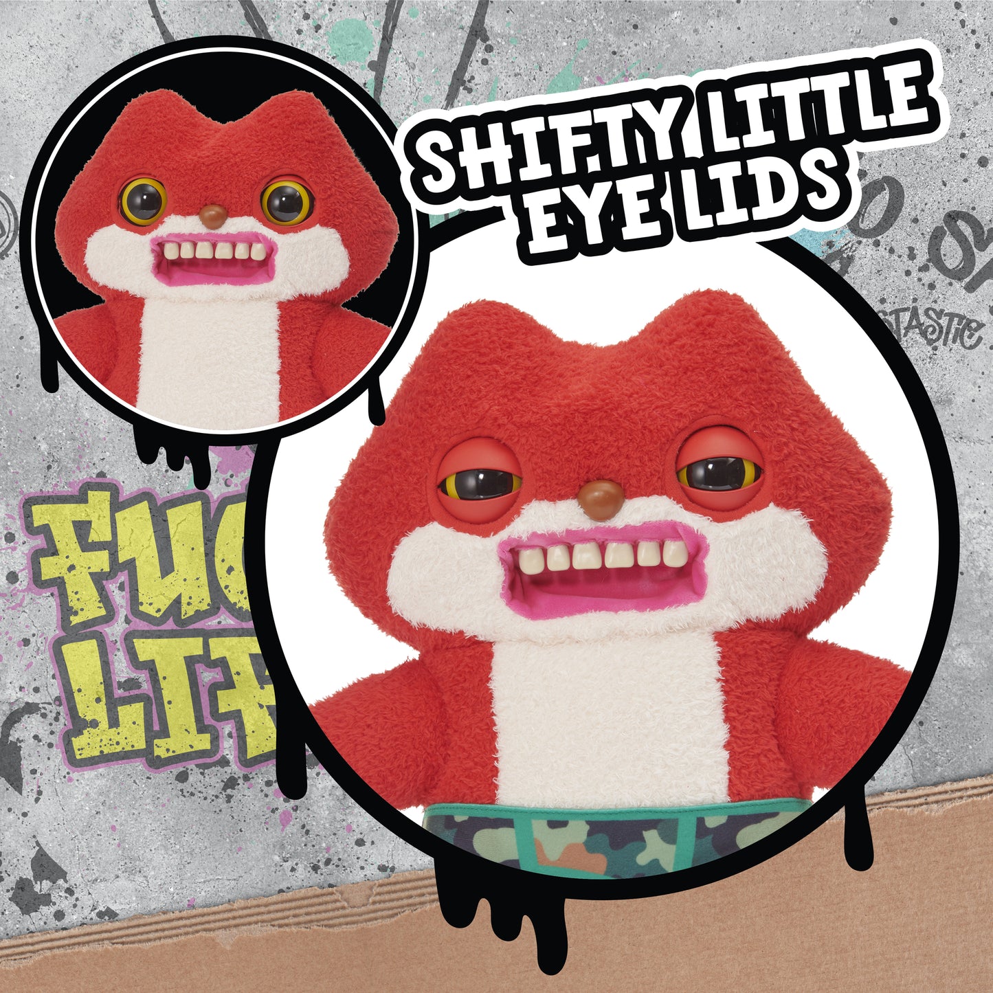 Sketchy Squirrel Fuggler plush toy with red fur, white face, large eyes and pink mouth