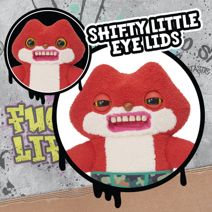 Sketchy Squirrel Fuggler plush toy with red fur, white face, large eyes and pink mouth