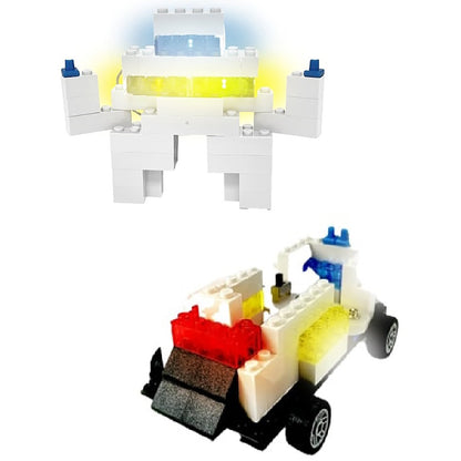 Snap Circuits BRIC Light building toy with white blocks, yellow lights, and motorized vehicle