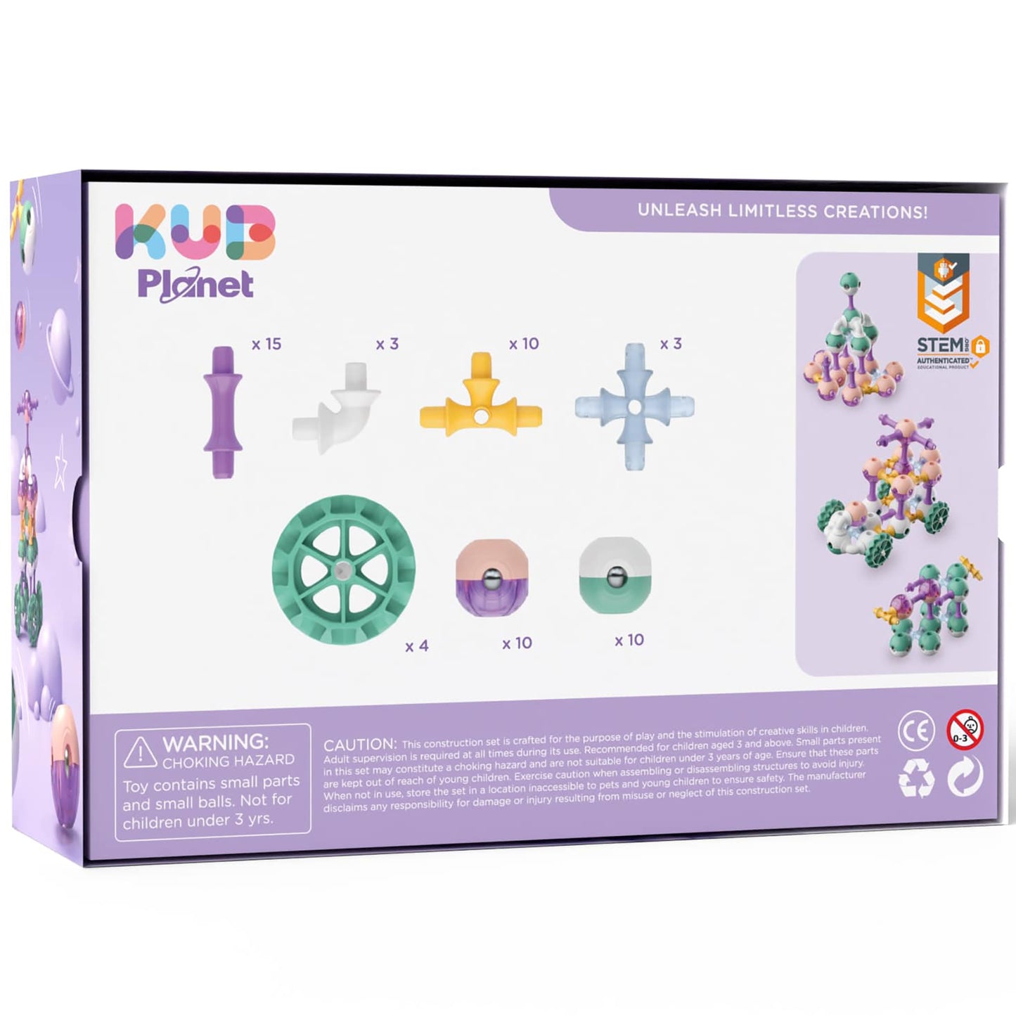 KUB Planet Magnetic Building Set with 55 colorful pieces including connectors, wheels, and spheres in purple, yellow,...