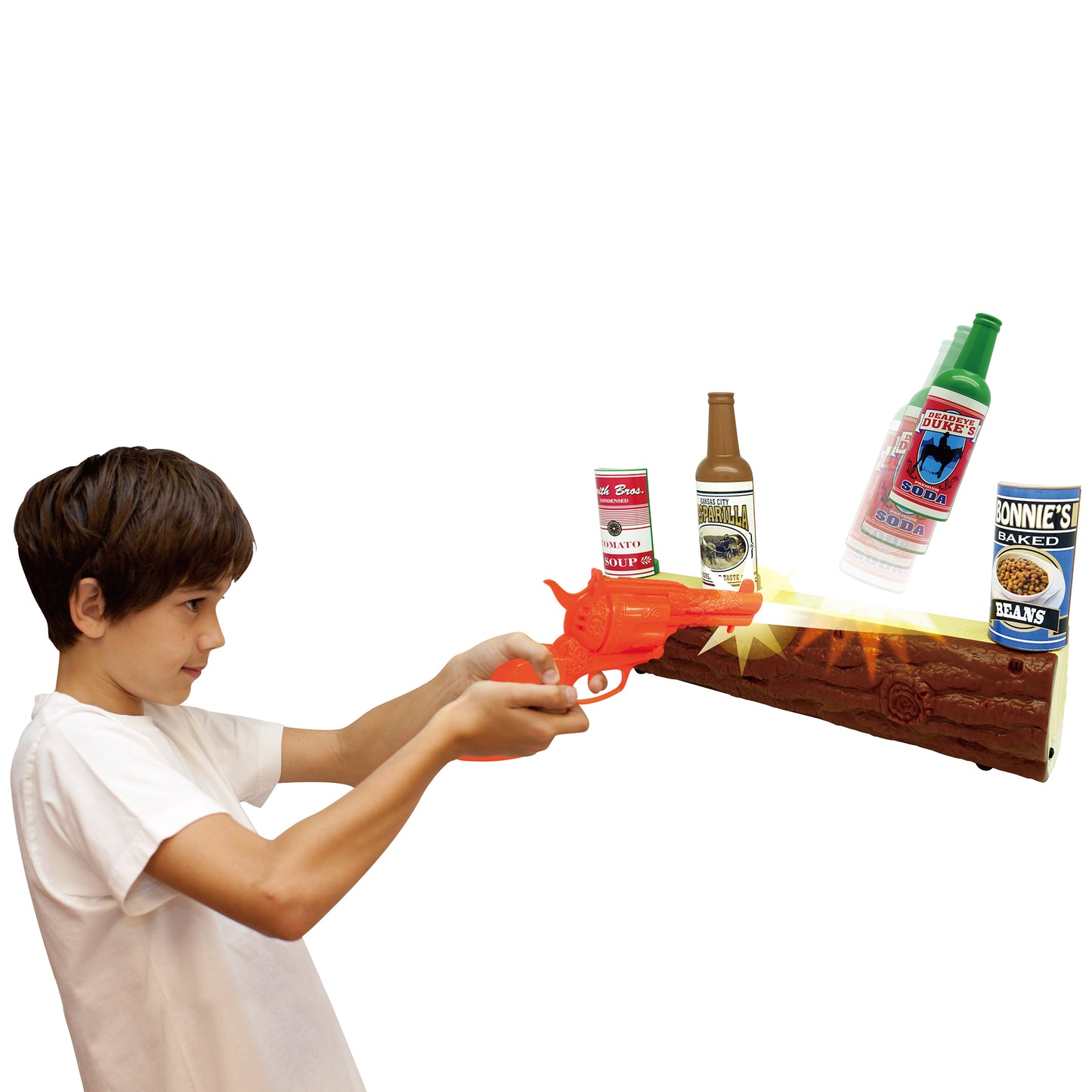 Wild West Gunslinger infrared shooting game with red toy gun, wooden target, and canned goods