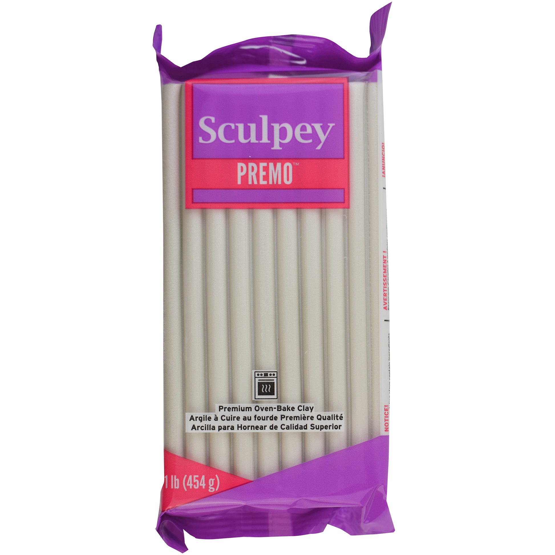 Sculpey Premo Pearl Clay 1lb package with purple packaging and white clay visible