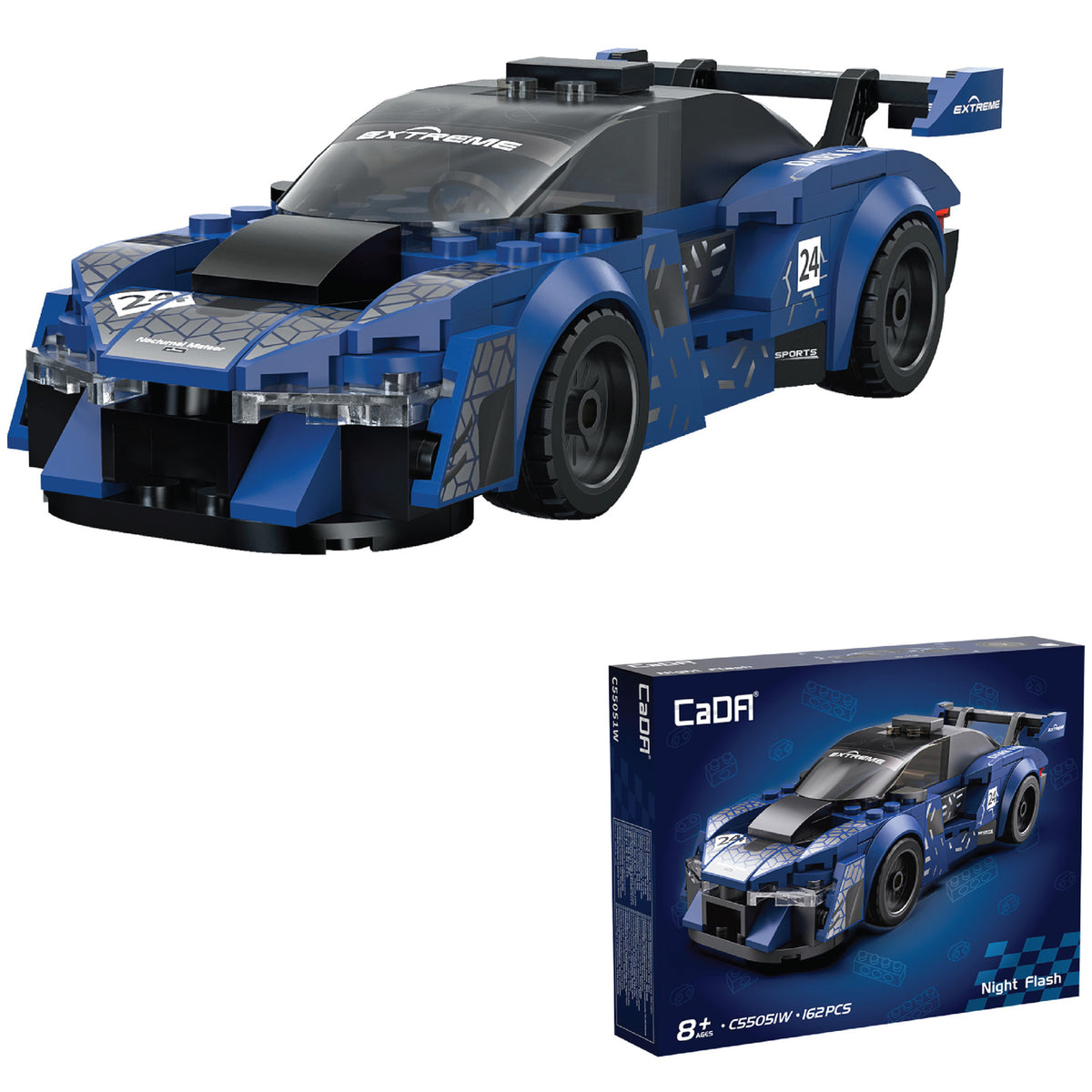 CaDA Night Flash blue and black race car building set with rear spoiler and racing graphics, shown assembled next to ...