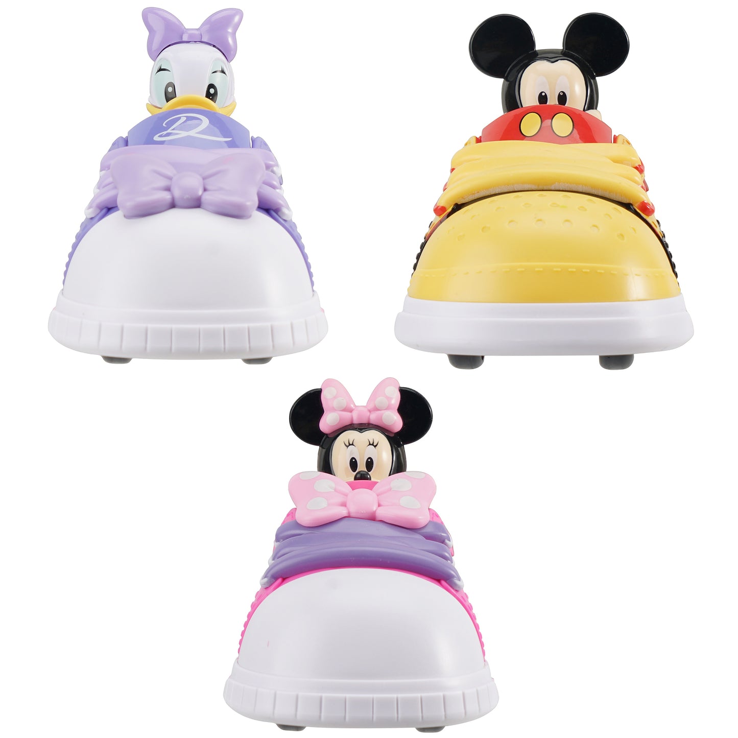 Disney Jr Kicks Pull-Back Vehicles 3-pack with Mickey, Minnie, and Daisy shoe-shaped friction cars