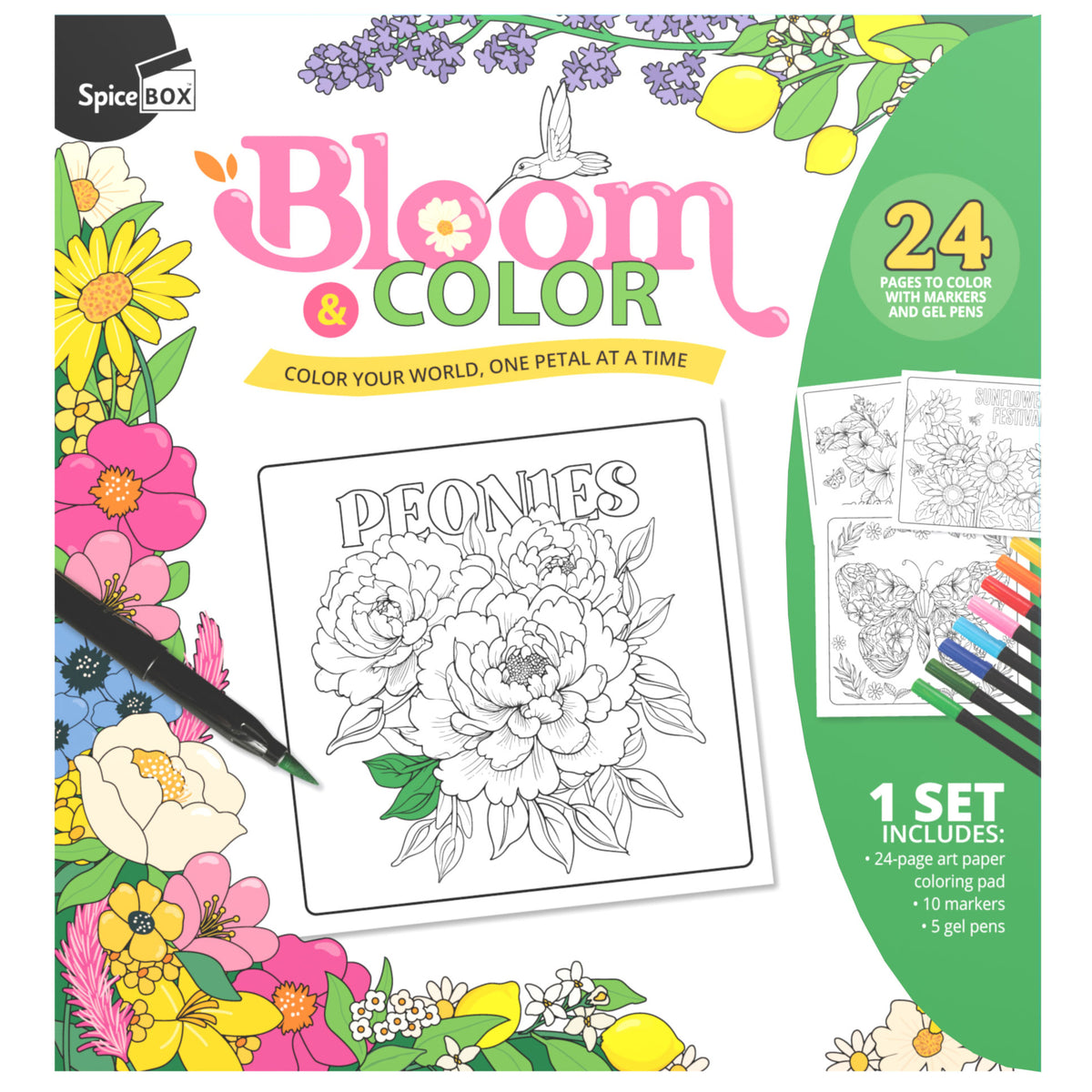 Spice Box Bloom & Color 24-page floral coloring pad with peonies illustration, markers and gel pens