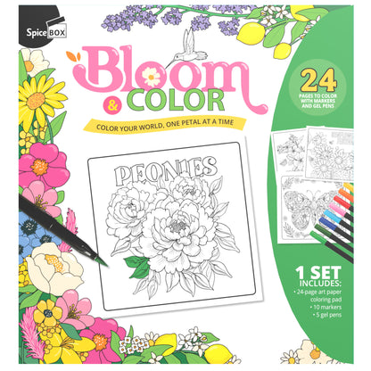Spice Box Bloom & Color 24-page floral coloring pad with peonies illustration, markers and gel pens