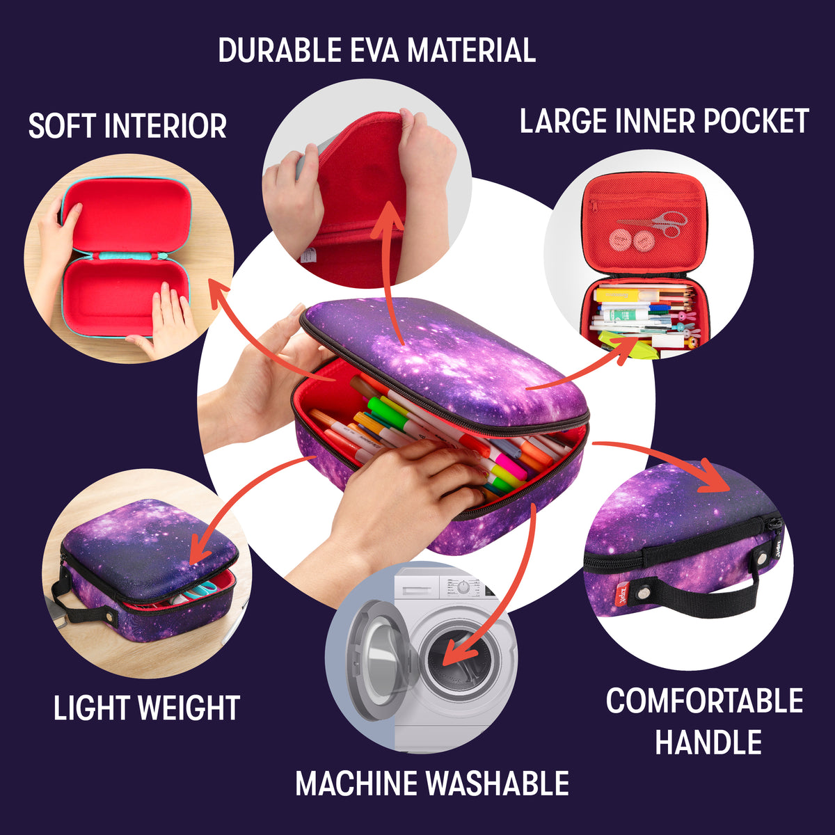 Purple Jumbo Pencil Case with handle, zipper closure, holding colored pencils and supplies