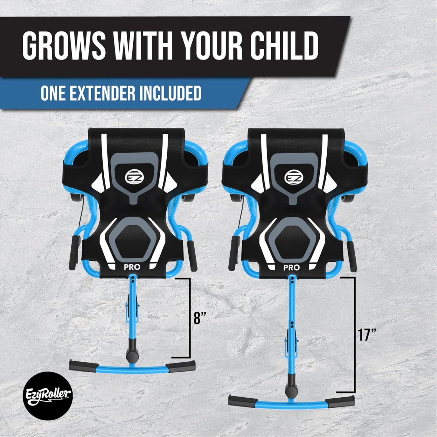 EzyRoller Pro X blue and black ride-on with extendable frame shown at 8 and 17 inches