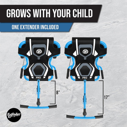EzyRoller Pro X blue and black ride-on with extendable frame shown at 8 and 17 inches