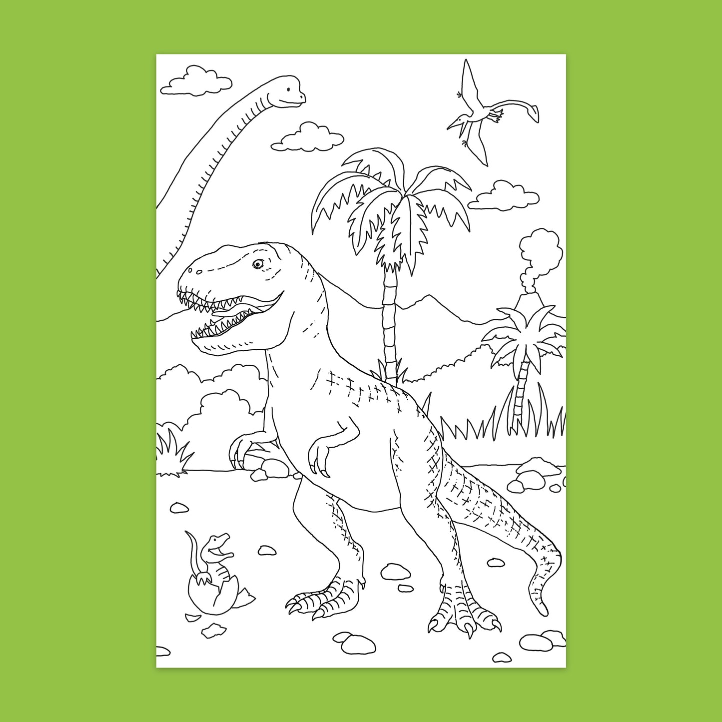 Color & Sticker Fun Dinosaurs book with line art dinosaur scene to color