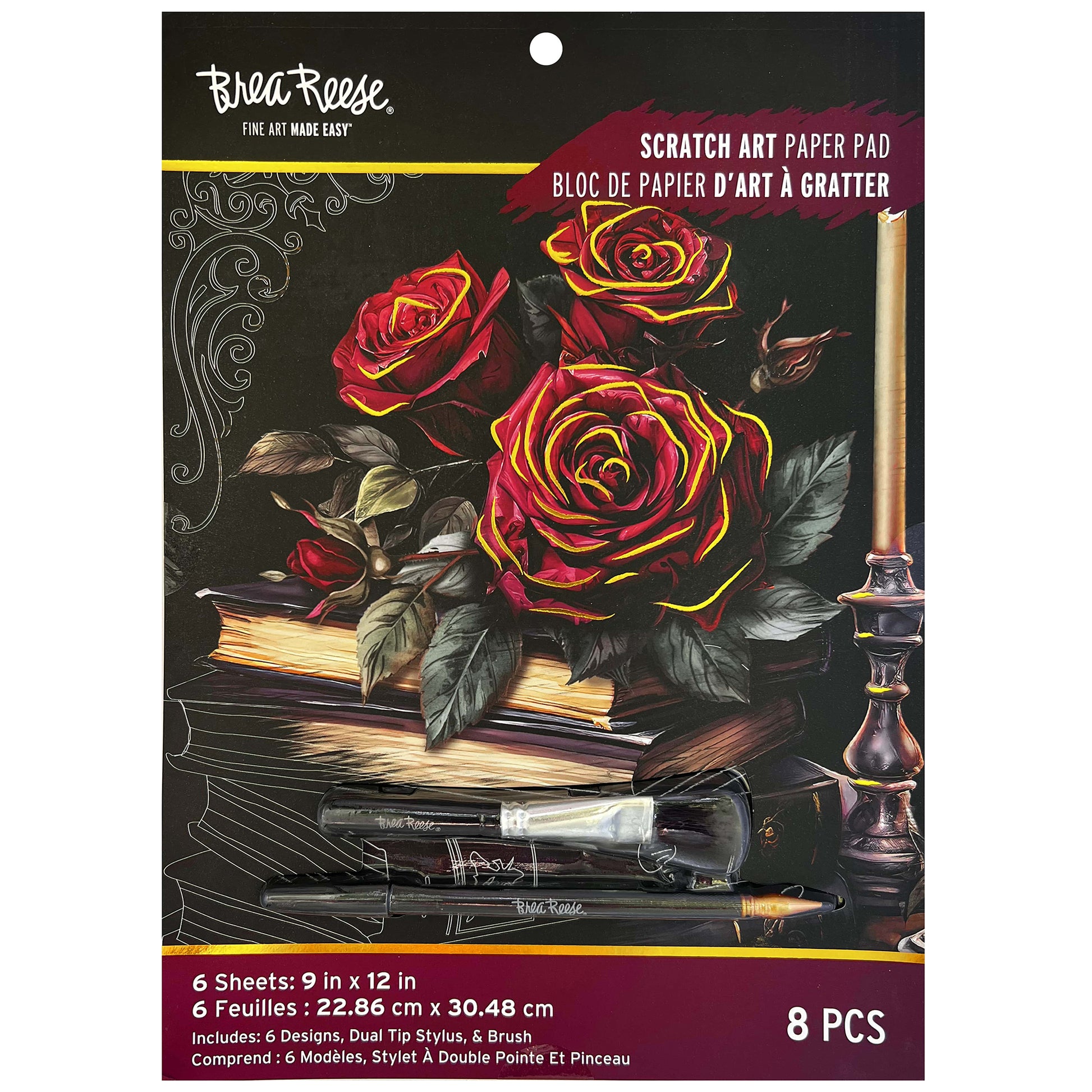 Scratch Art Paper Pad Witching Hour with roses, stylus tools, and 6 sheets