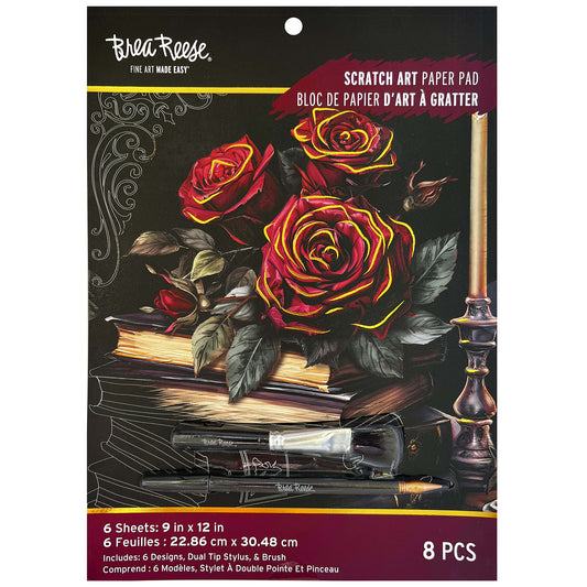 Brea Reese Scratch Art Paper Pad with red roses, includes stylus and brush tools