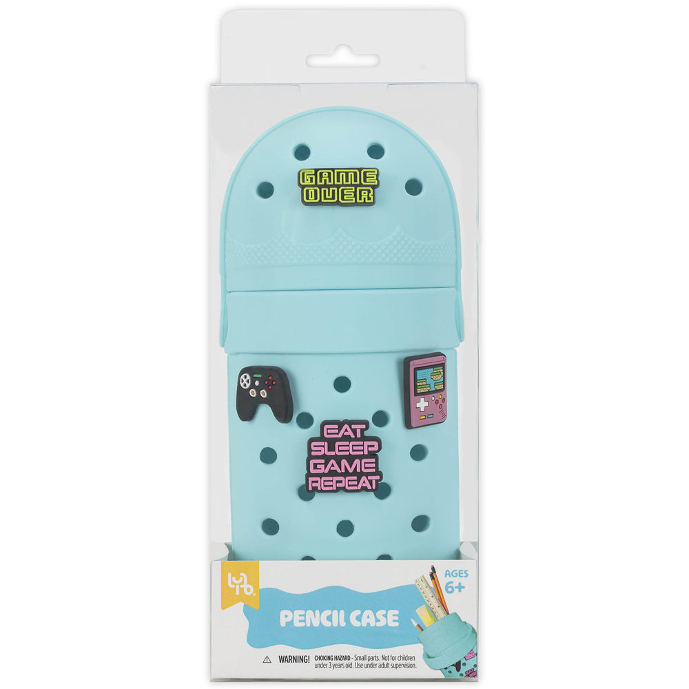 Charm Pencil Case Gaming Teal with game-themed charms and storage compartments
