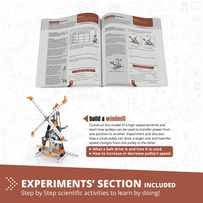 Engino Pulley Drives STEM building set with orange and gray mechanical model windmill and instruction manual