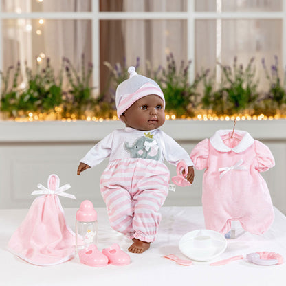 JC Toys Nonis Boutique 15" African American baby doll in pink striped outfit with accessories