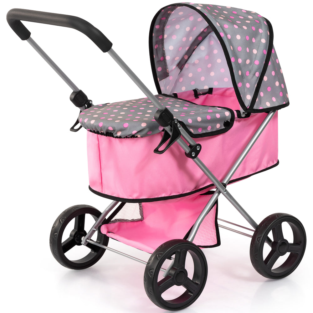 Bayer Design pink doll pram with grey polka dot canopy, adjustable handle and shopping basket