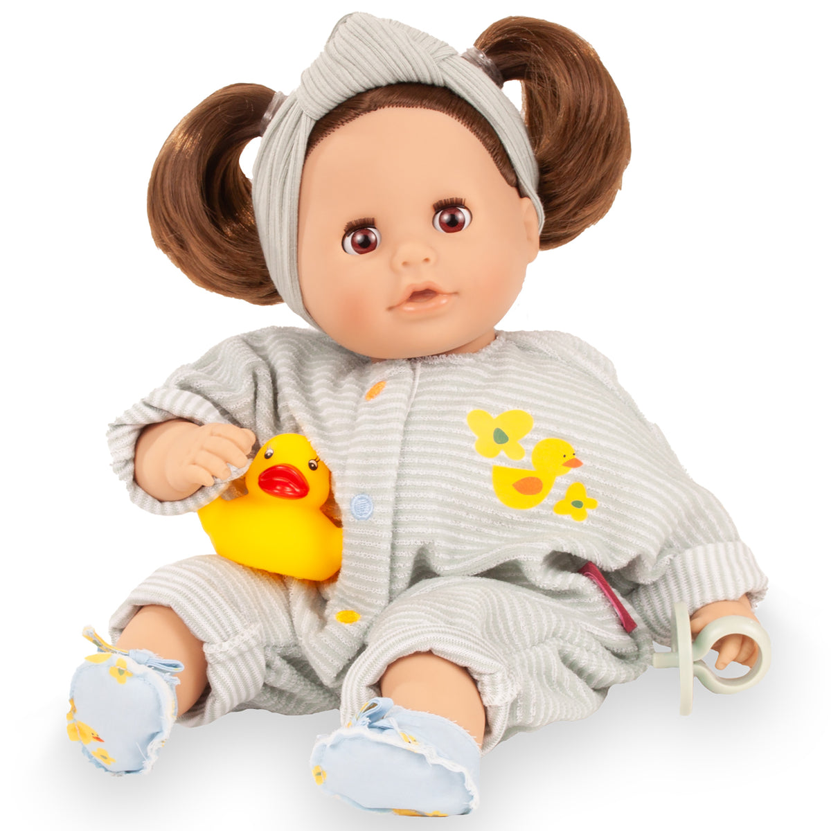 Gotz Cosy Aquini 13" bath doll with brown hair buns, gray outfit, yellow duck toy