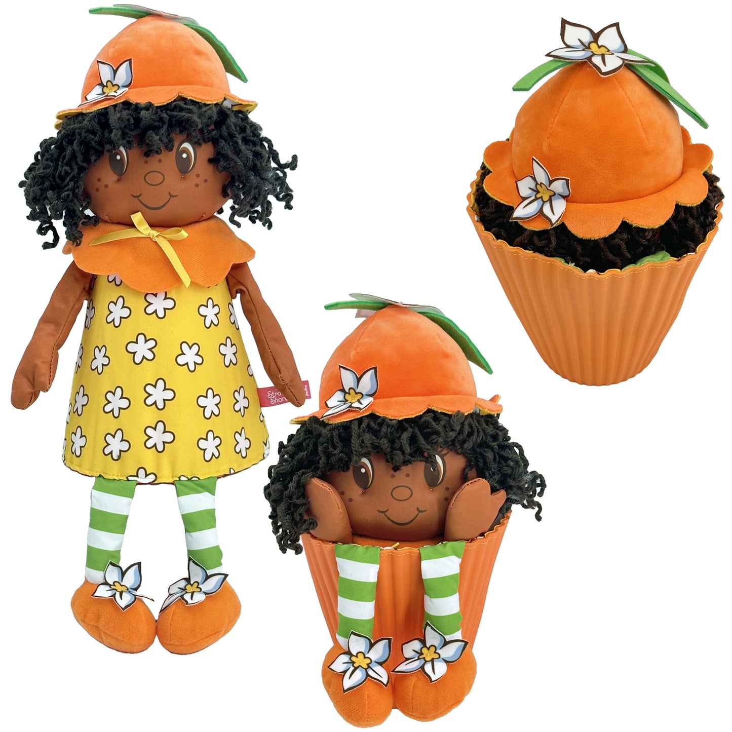 Strawberry Shortcake Pop 'n' Flip Orange Blossom 15" plush doll with orange fruit hat and transforming cupcake design