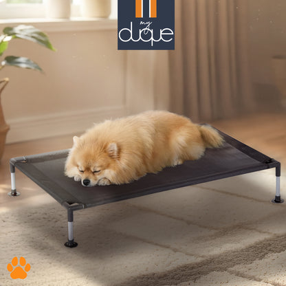 My Duque COOLA Pet Bed Small black dog lounger with fluffy tan dog resting