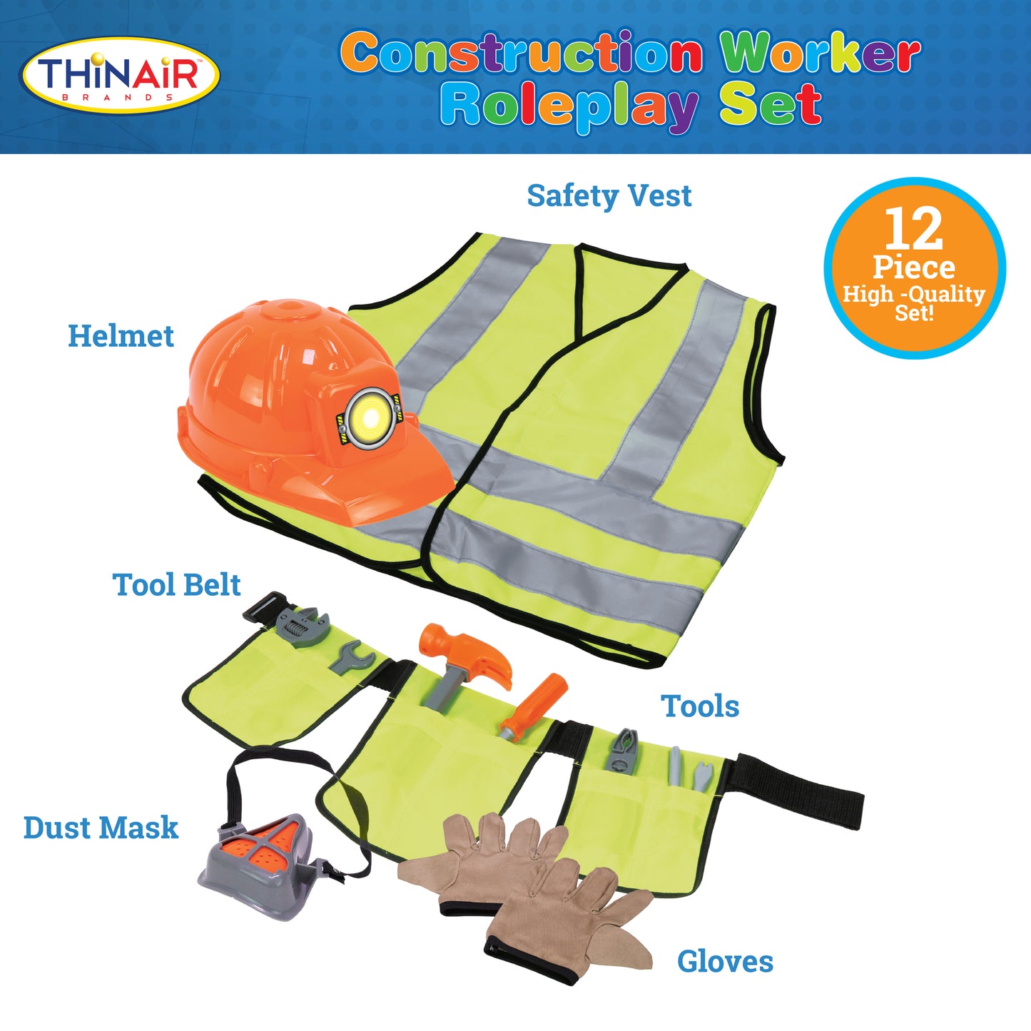 Playful Minds 12pc Construction Worker Dress-Up Set - Yellow/Orange - Kids 3+