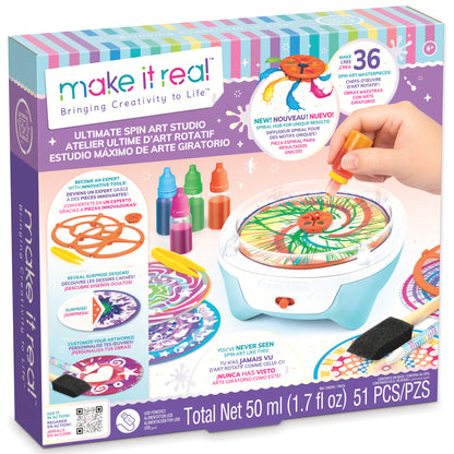 Make It Real Ultimate Spin Art Studio with colorful ink bottles and spinning wheel creating vibrant artwork