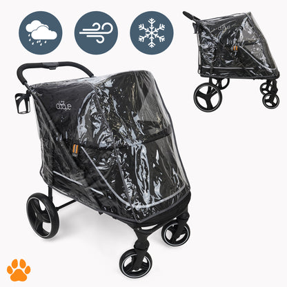My Duque CHAMP Black Pet Stroller Raincover with weather icons showing rain, wind, and snow protection