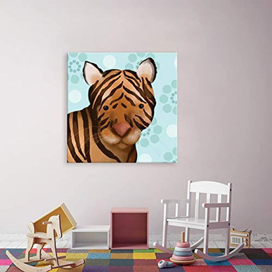 Canvas wall art featuring an illustrated tiger face with black stripes on a light blue background with circular pattern details, displayed in a child's room set