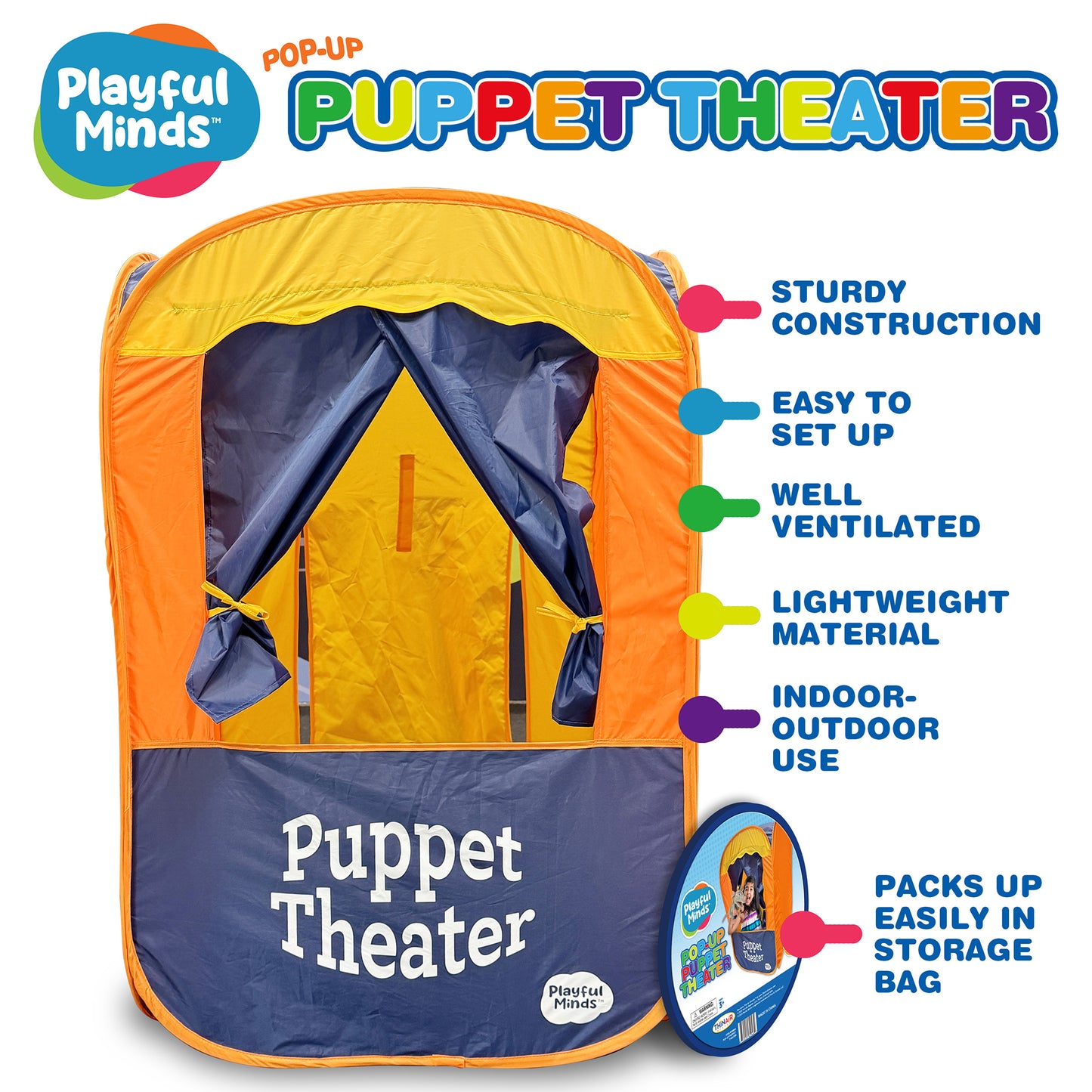 Playful Minds Pop-Up Puppet Theater Tent for Kids - Orange & Blue