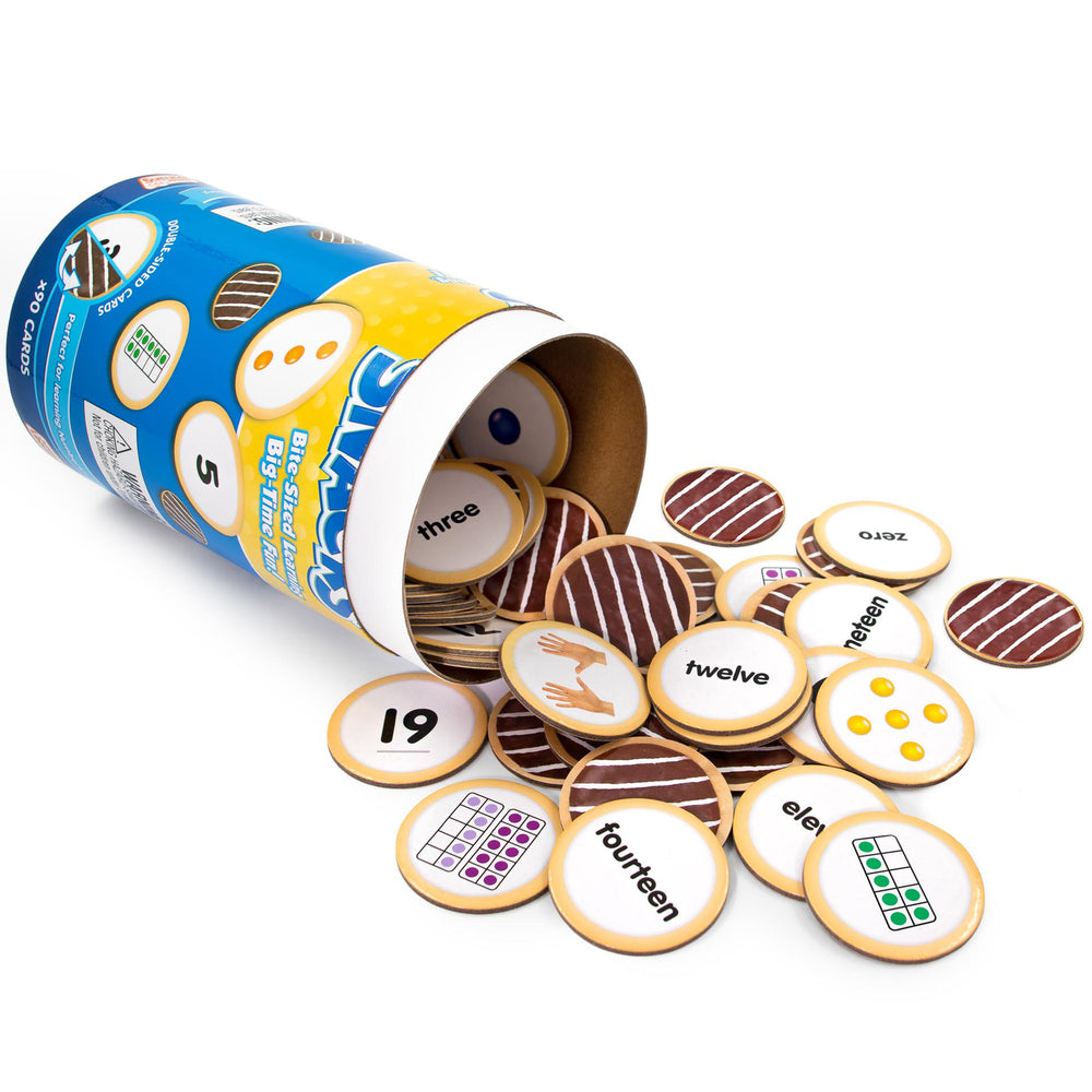 Number Snacks Math Learning Game with 90 colorful donut-shaped cards spilling from blue canister