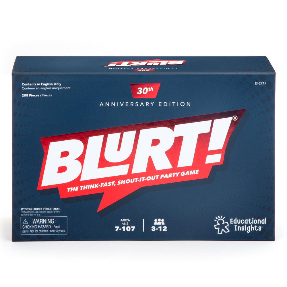 Blurt 30th Anniversary Edition party game box with red and blue design