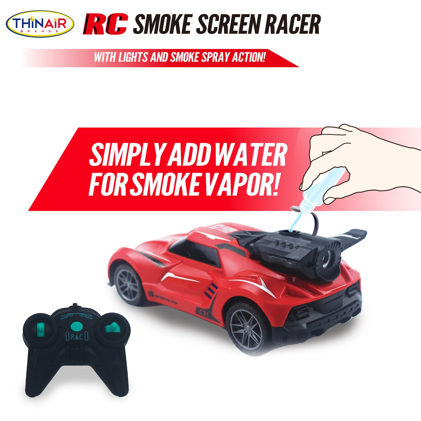 Thin Air Brands Hyper Drive RC Smoke Screen Racer - Red Light-Up Car with Vapor Mist