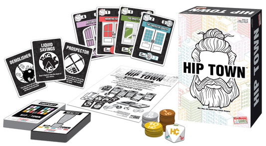 Hip Town board game components including game box, cards labeled Demolisher and Liquid Savings, property cards, game board, instruction sheet, gold and silver g