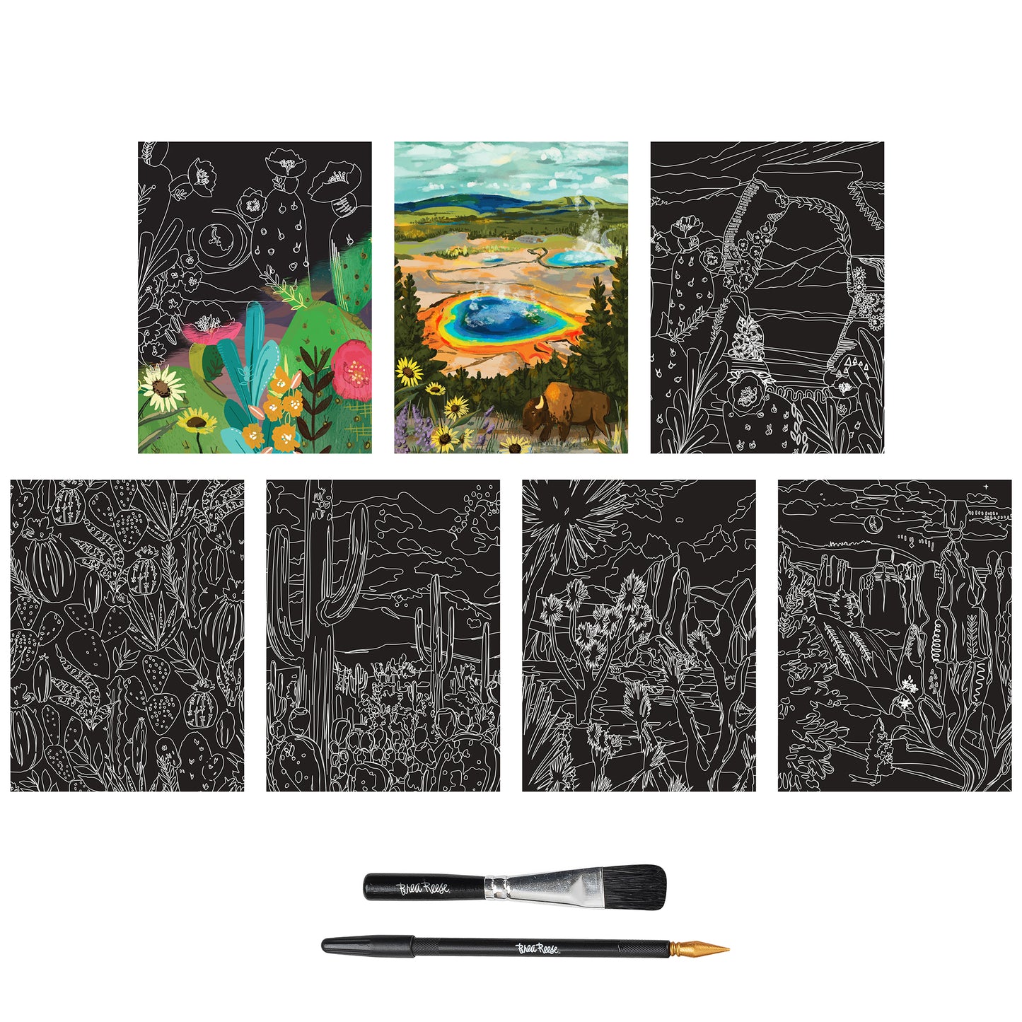 Scratch Art Paper Pad - Arches & Canyons with black and colorful design sheets and art tools