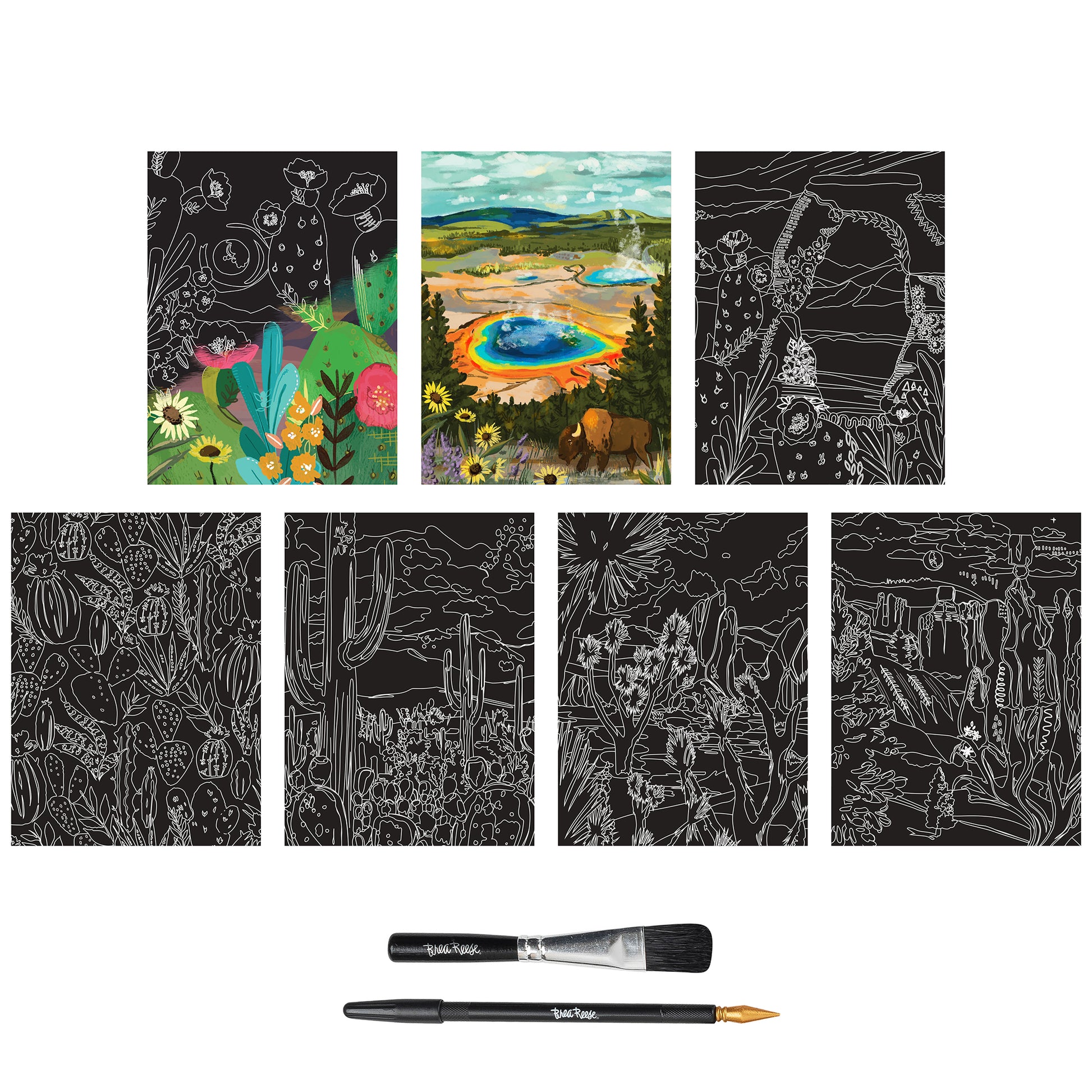 Scratch Art Paper Pad - Arches & Canyons with black and colorful design sheets and art tools